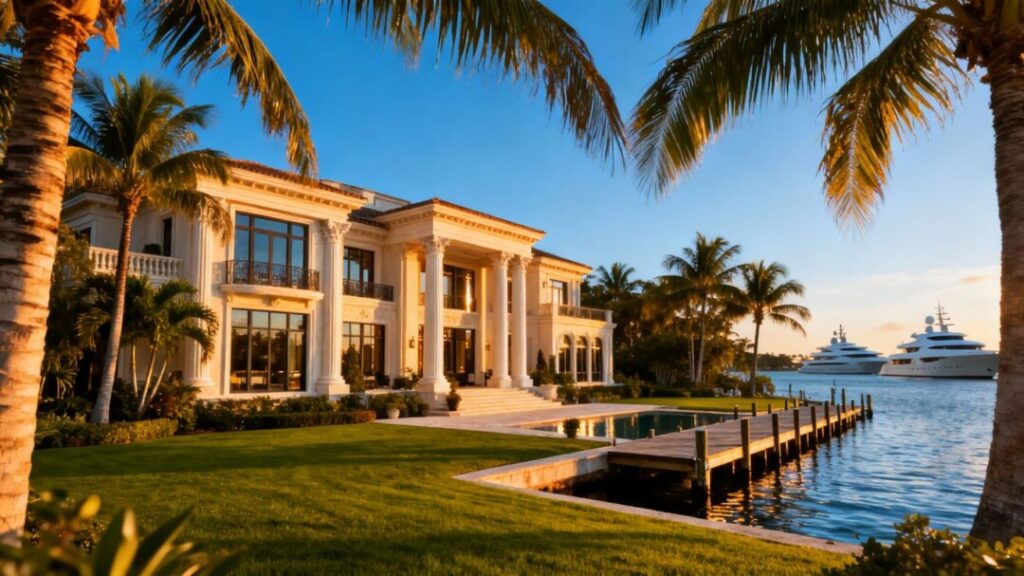 Florida luxury mansion with waterfront view and palm trees.
