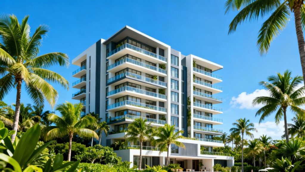 Luxury condominium building in Coral Gables with palm trees.