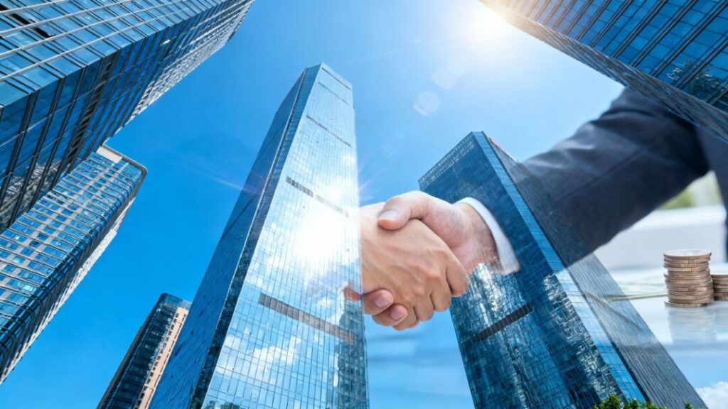 Florida cityscape with buildings and financial symbols.