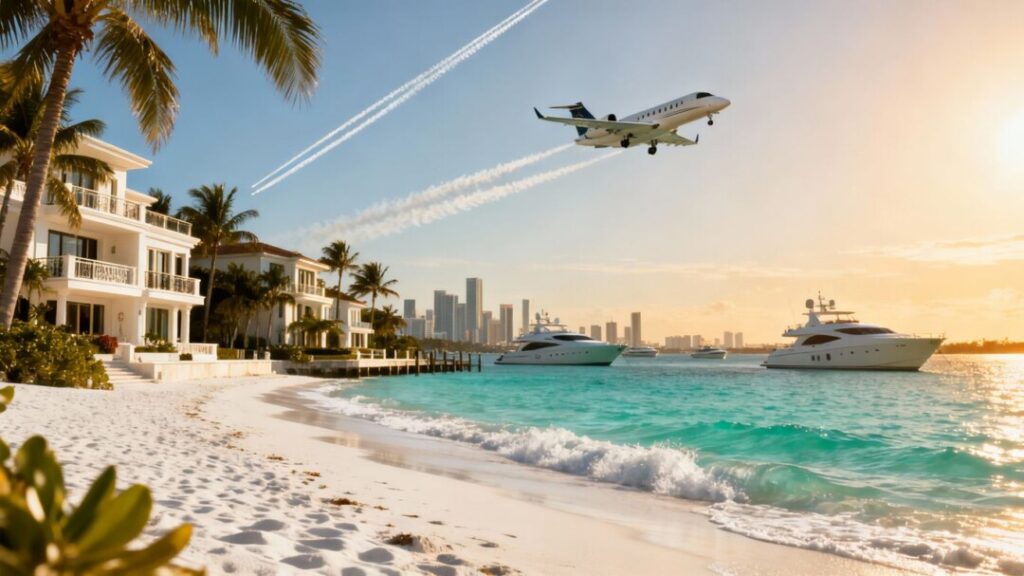 Luxury Miami skyline with mansions, yachts, and private jet.