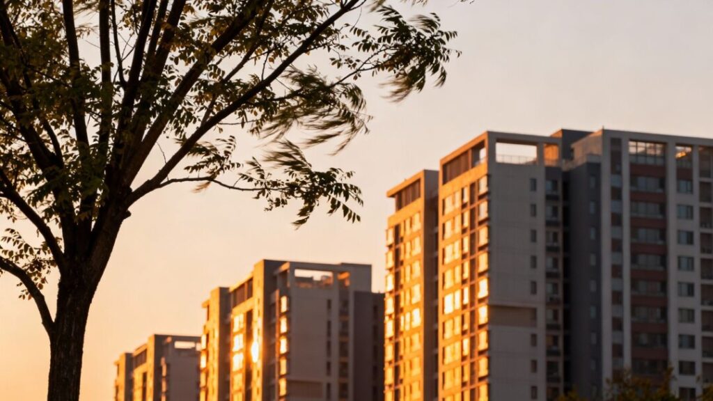 Cityscape with subtle upward trend in building heights.