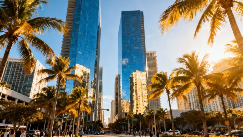Miami skyline with modern skyscrapers and palm trees.