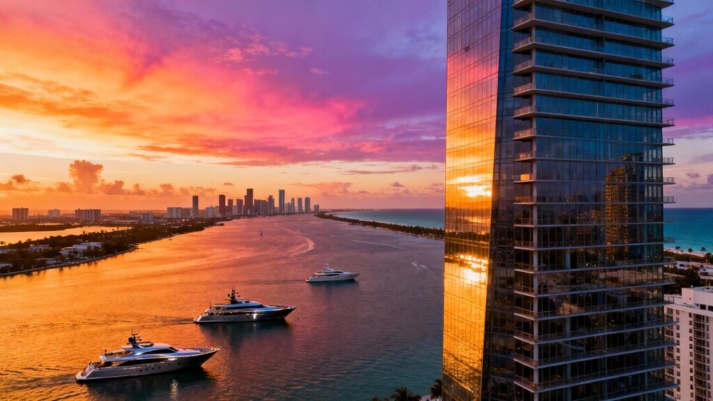 Miami skyline with luxury yachts and skyscrapers at sunset.