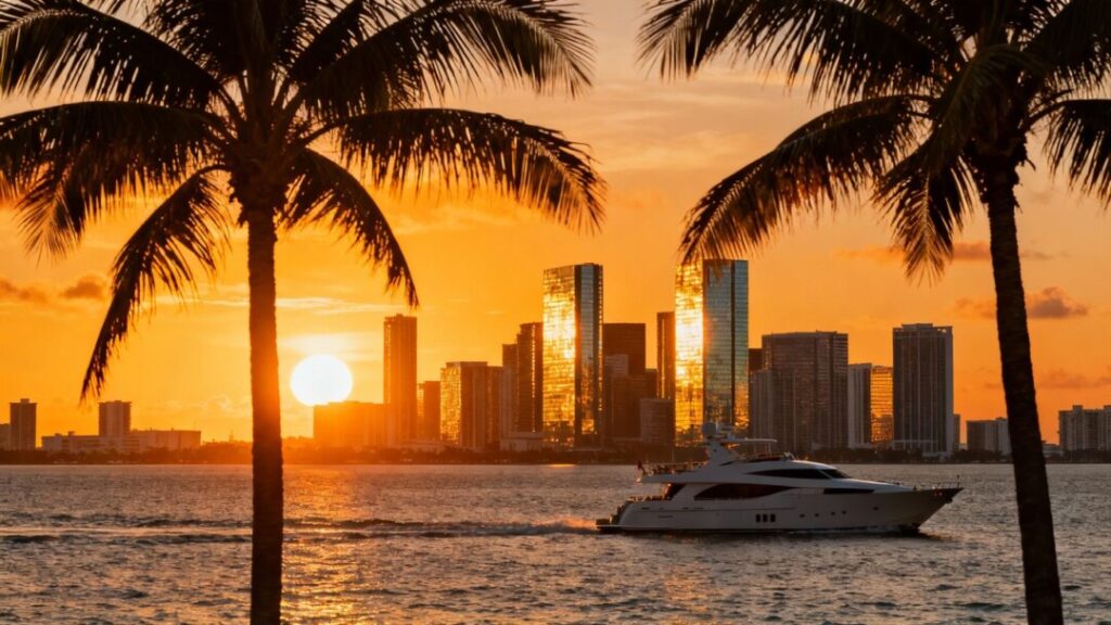 South Florida skyline with palm trees and ocean.
