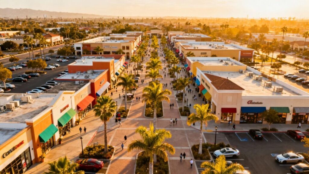 Open-air shopping center with palm trees and storefronts.