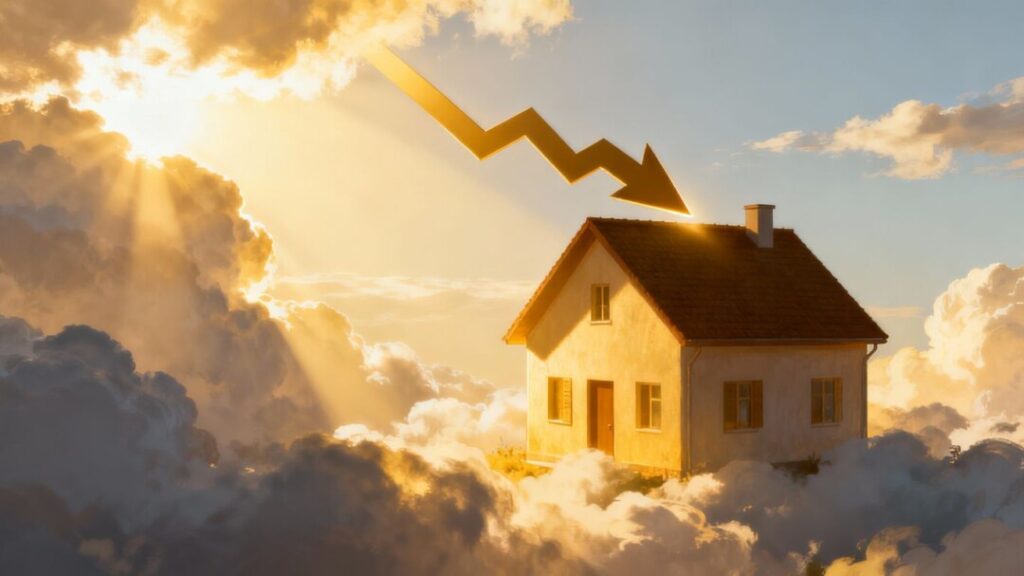 House with falling mortgage rate arrow, bright sunlight.
