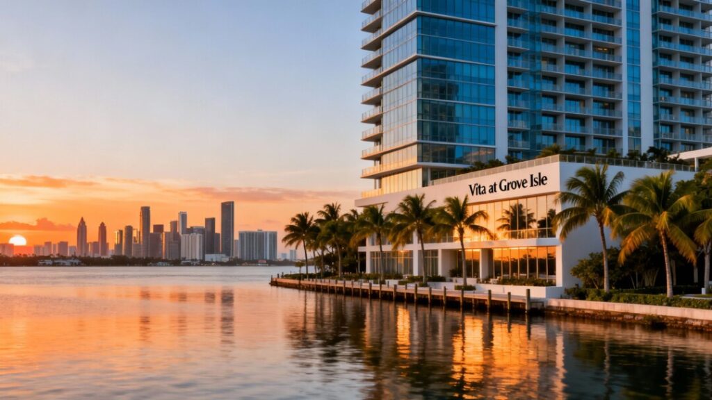 Modern waterfront view of Vita at Grove Isle, luxury condo building with palm trees and Miami skyline
