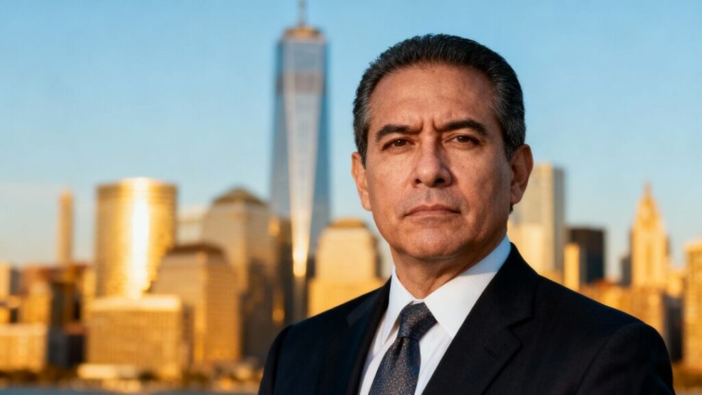 Legislator Rodriguez in front of a city skyline.