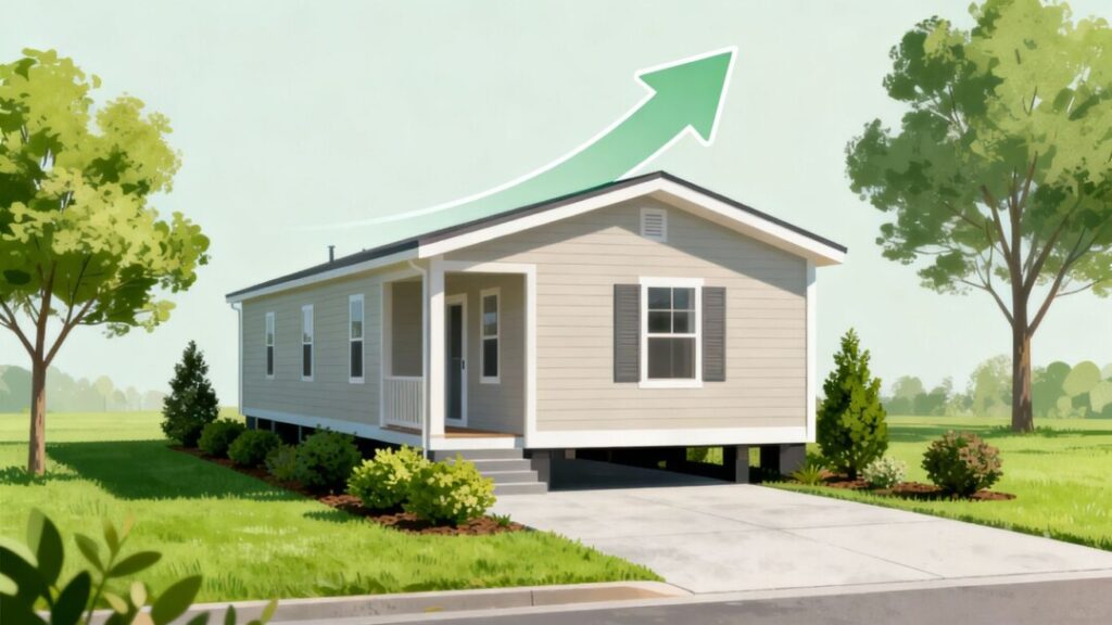 Manufactured home with upward arrow, affordable housing expansion.
