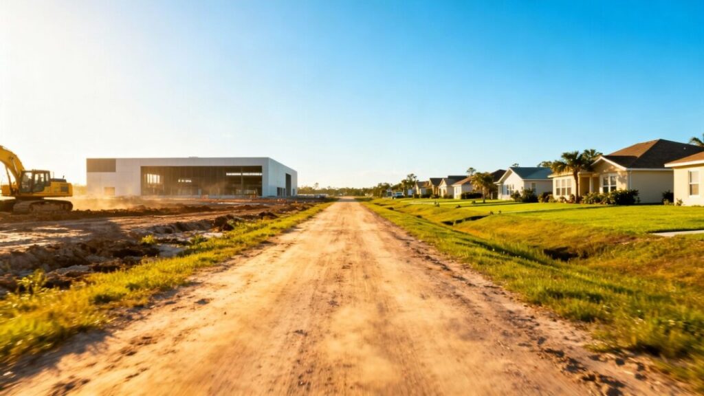 Florida dirt road with construction and homes.