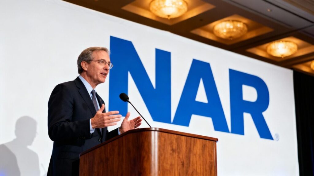 NAR logo backdrop with speaker at podium addressing audience.