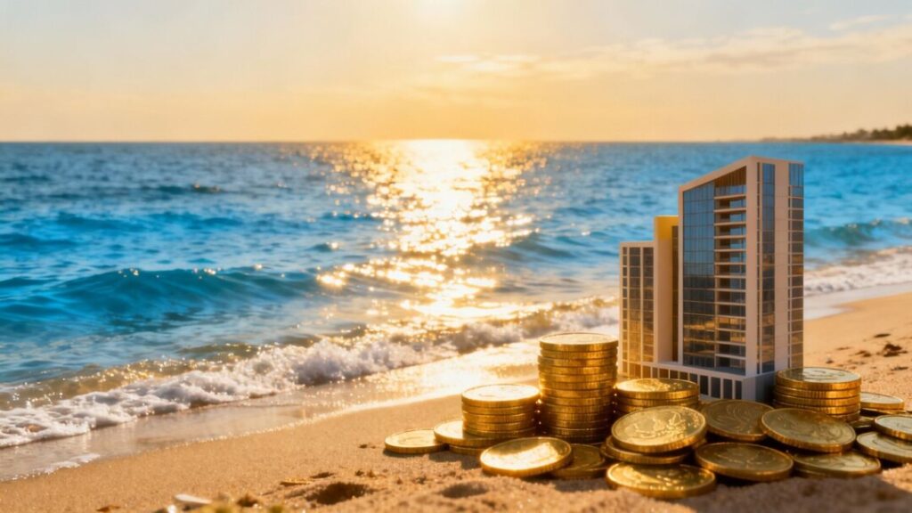 Florida coast with coins and building, symbolizing real estate investment.
