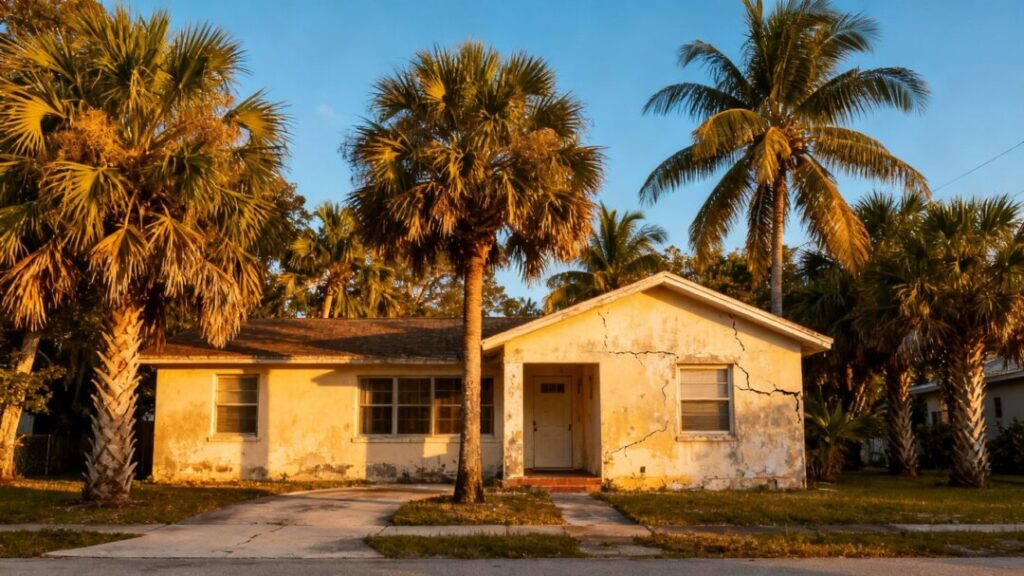 Florida house with palm trees under a blue sky.