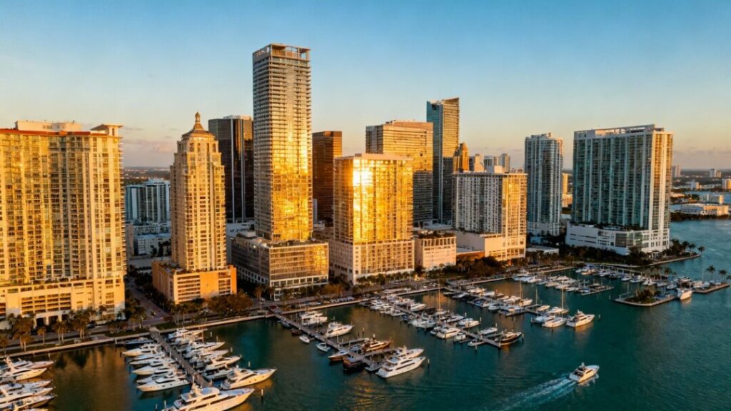 Miami skyline and harbor with yachts, symbolizing investment.