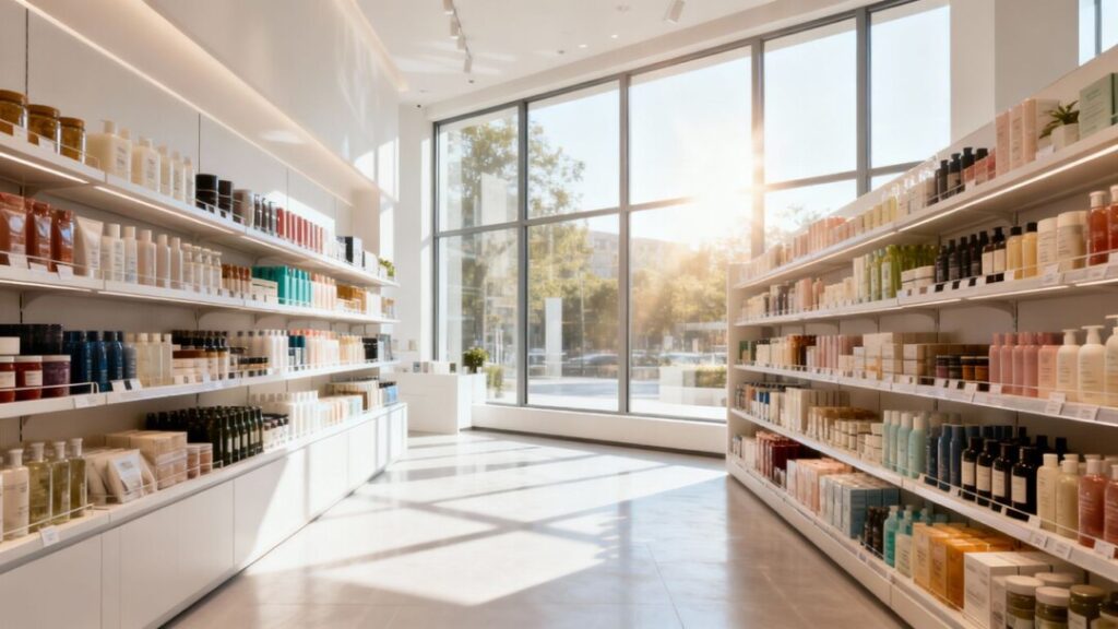 Stable retail store interior with sunlight and organized shelves.