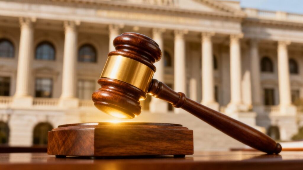 Gavel striking block in legislative building