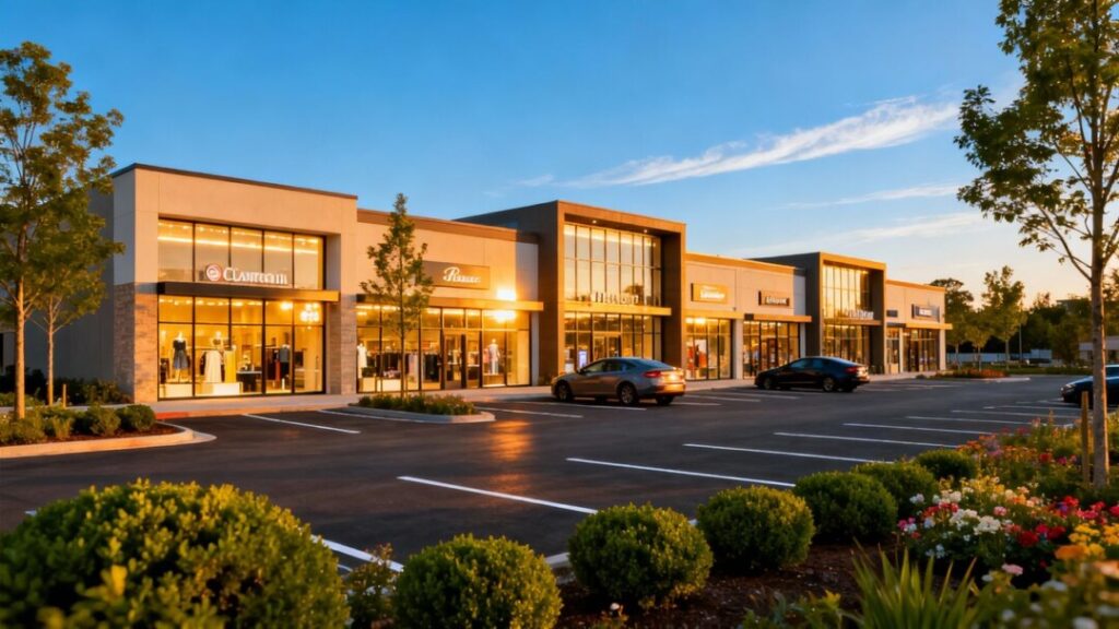 Retail complex with storefronts and parking lot.