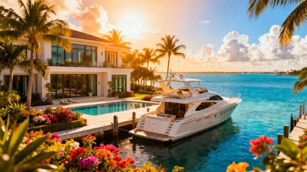 Luxury Miami waterfront mansion with yacht and tropical landscaping.