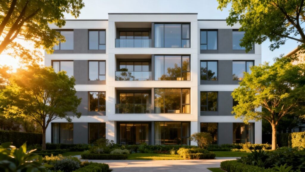 Bristol Plaza apartment building exterior with trees and sunlight.