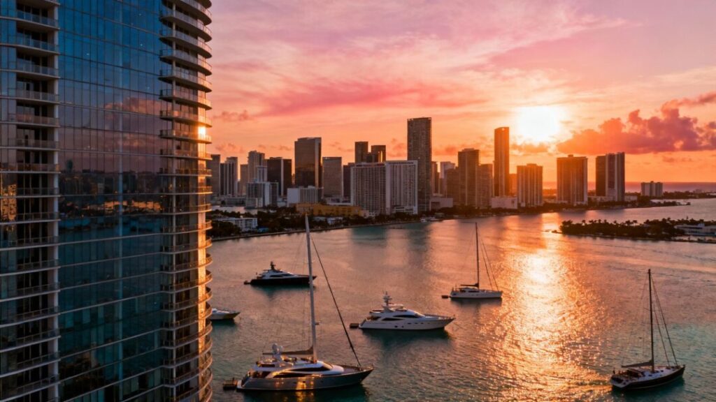 Miami skyline with luxury yachts and skyscrapers at sunset.