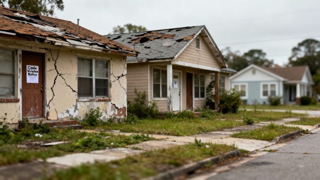 DeLand neighborhood with houses, hinting at code violations.