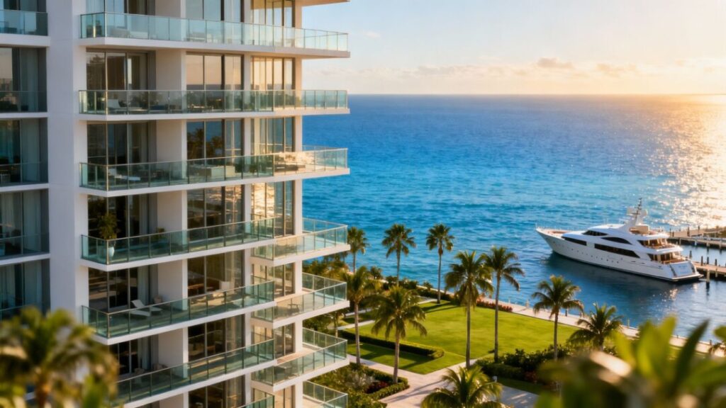 Luxury Florida condo tower overlooking ocean and marina.