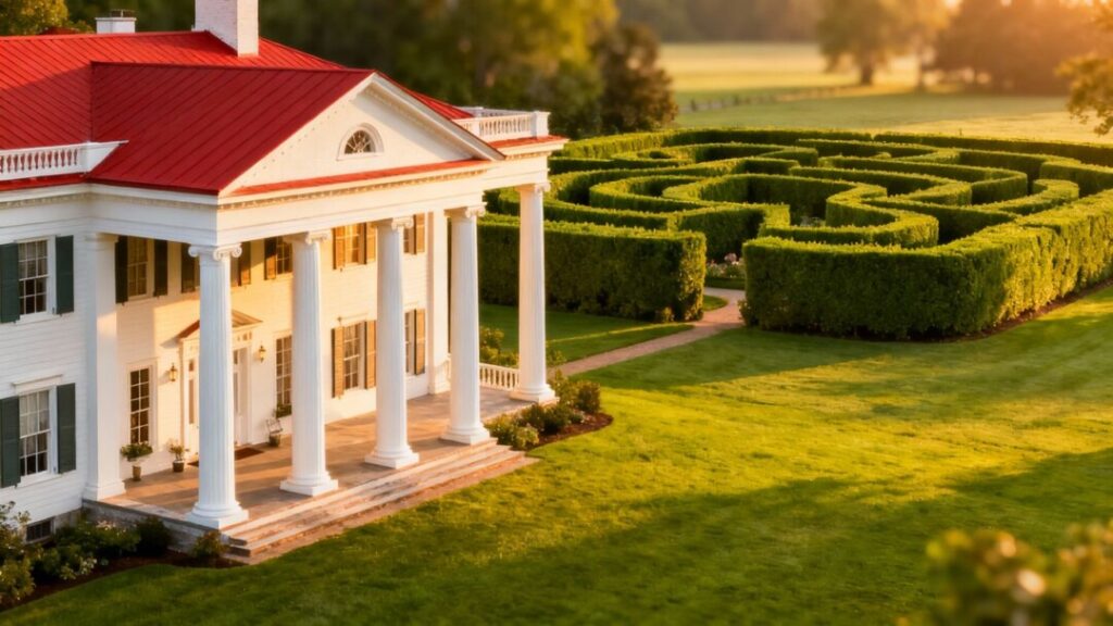 Colonial estate with a hidden hedge maze on acres of land.
