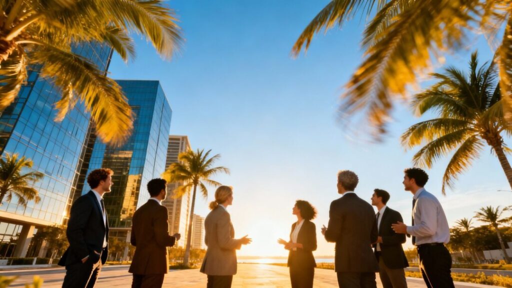 Florida real estate professionals in a sunny, optimistic setting.