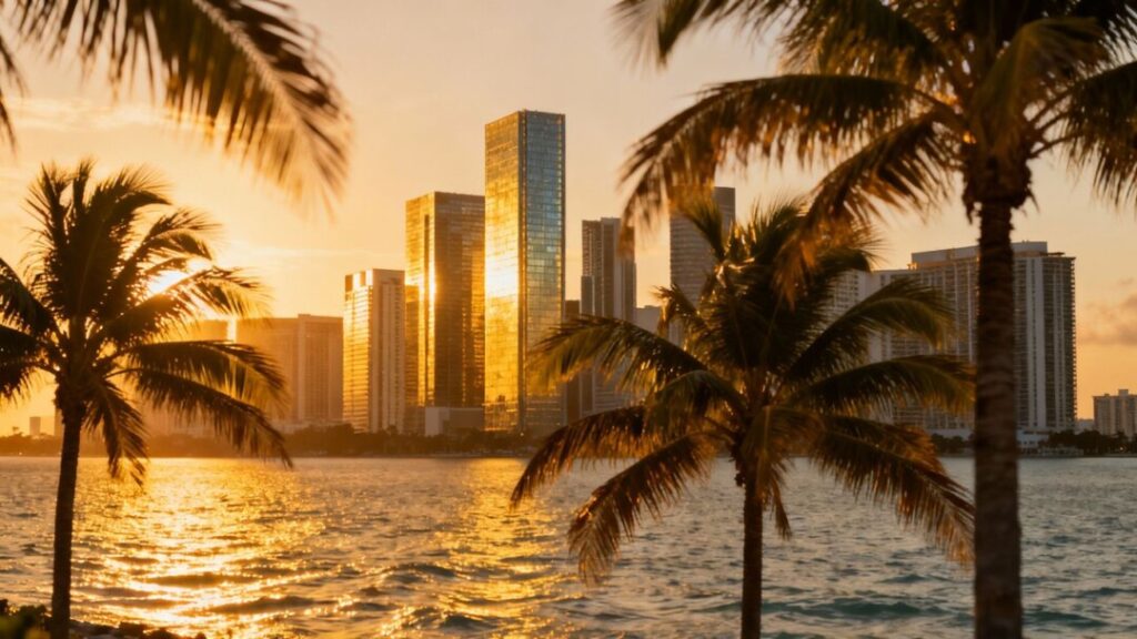 Miami skyline at sunset with palm trees and ocean.