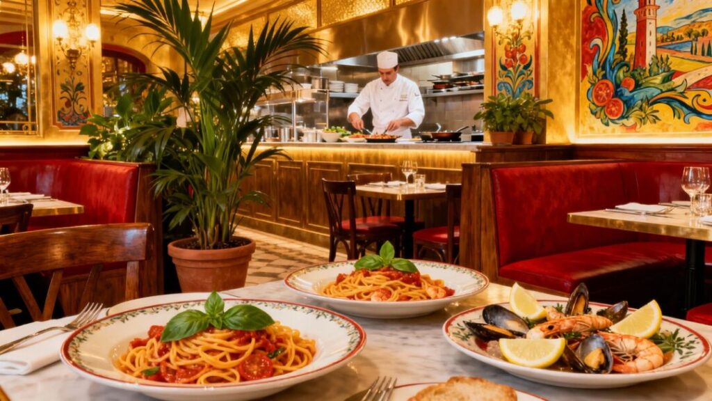 Italian restaurant interior with food and chef.