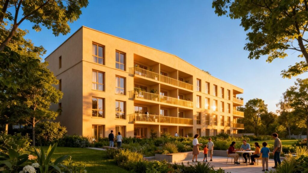 Affordable senior housing building in Miami with landscaping.