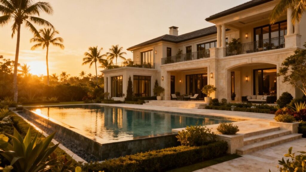 Luxury mansion with pool and palm trees.