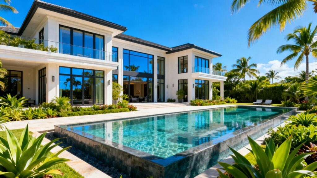 Luxury South Florida mansion with pool and palm trees.