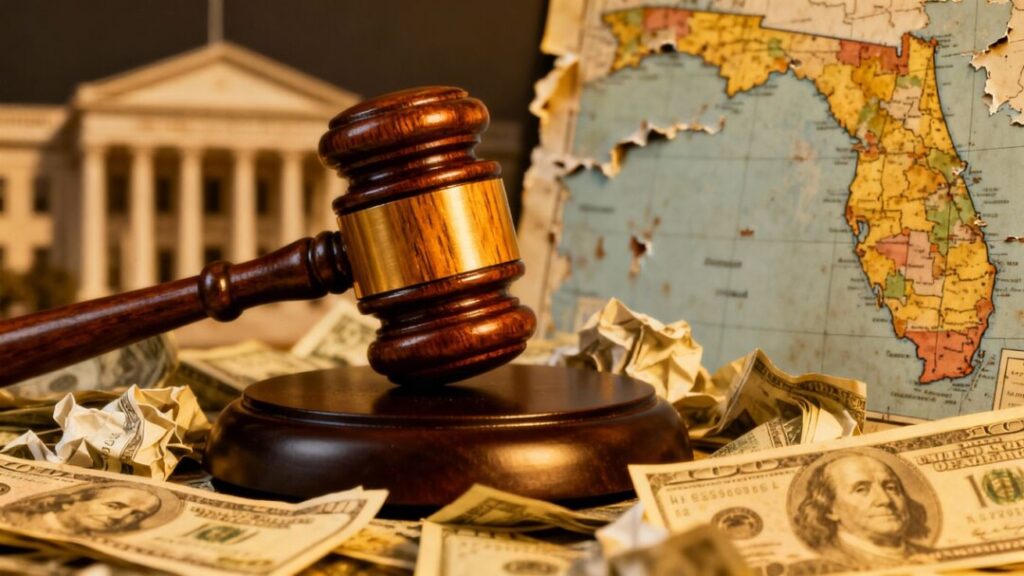 Gavel hitting money pile, Florida map, courthouse.