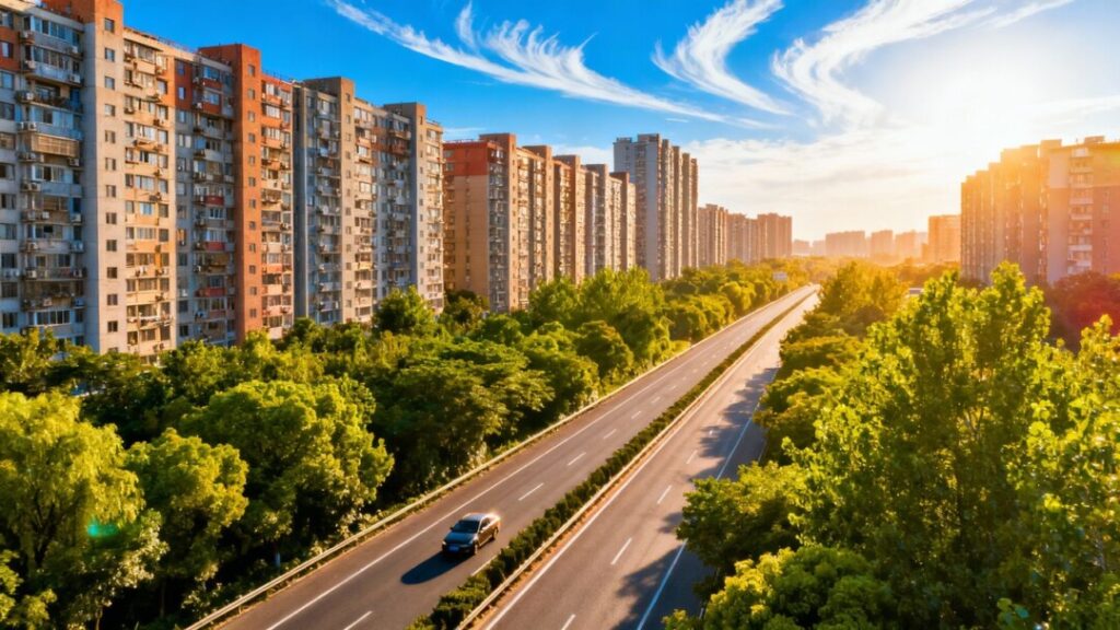 Florida cityscape with apartments and highway.