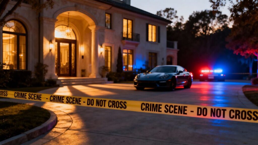 Mansion and driveway after home invasion and Porsche theft.
