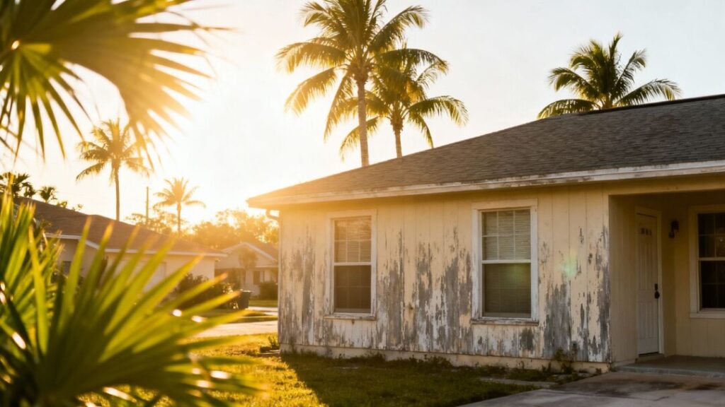Florida home exterior with palm trees.