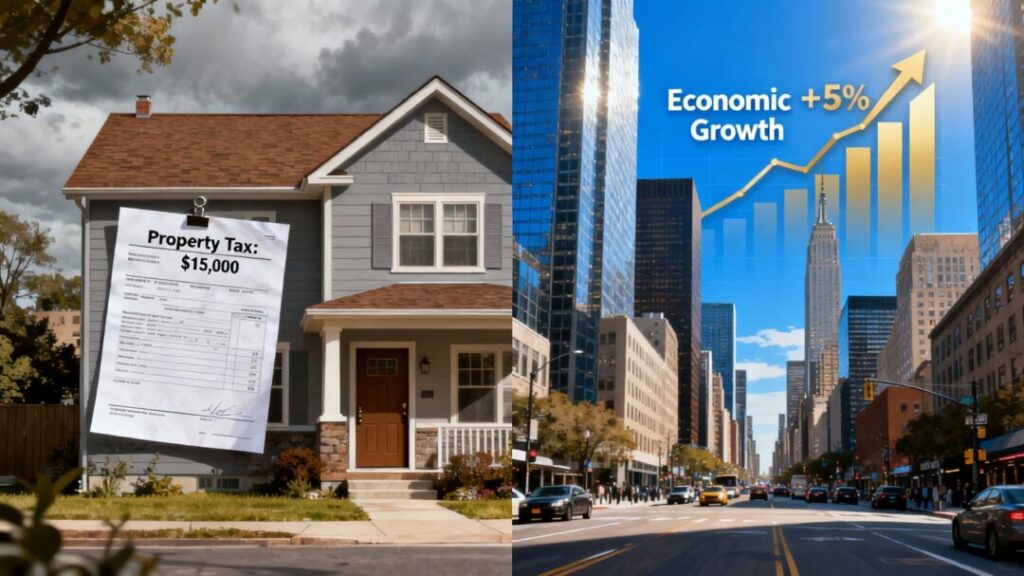 Florida home and city skyline with tax implications.