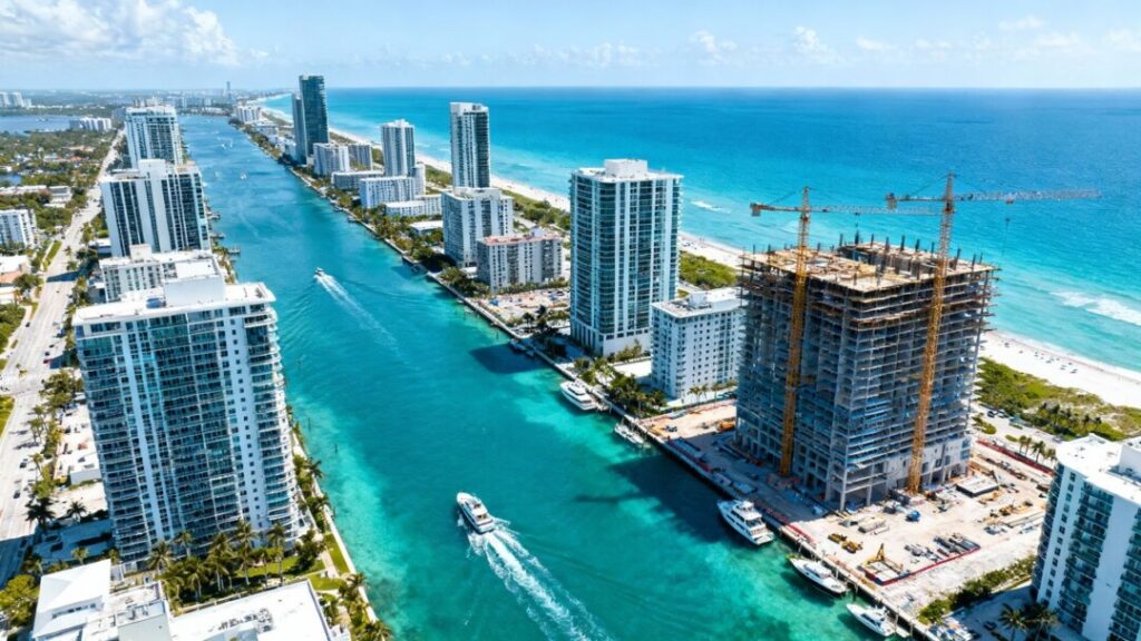 Florida coastline with new construction and blue water.