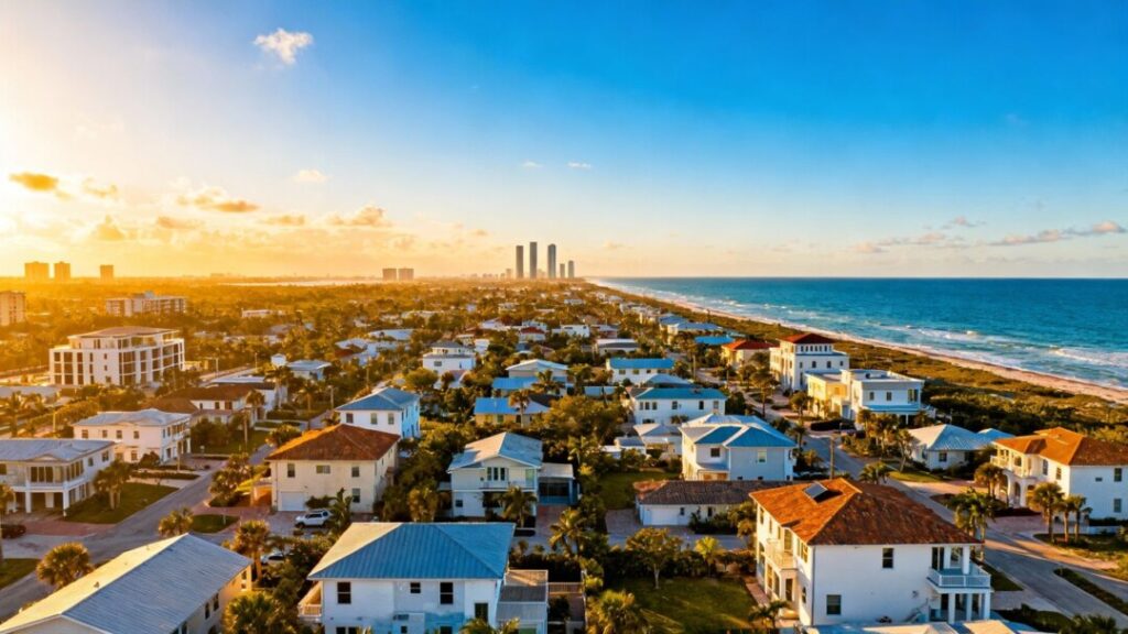 Florida coastline with homes and distant city skyline.