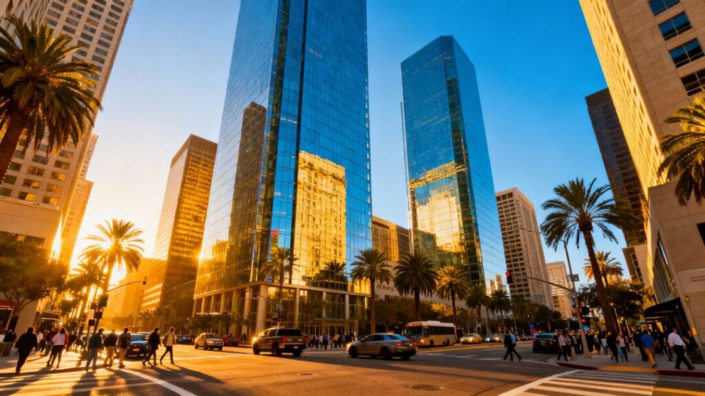 Southwest Florida cityscape with modern buildings and blue skies.