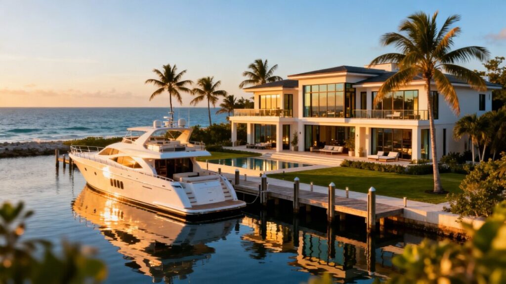 Luxury Florida estate with mansion, ocean, and yacht.
