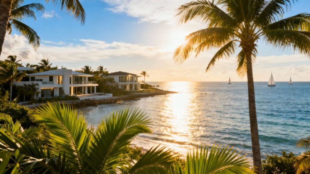 South Florida coastline with homes and palm trees.