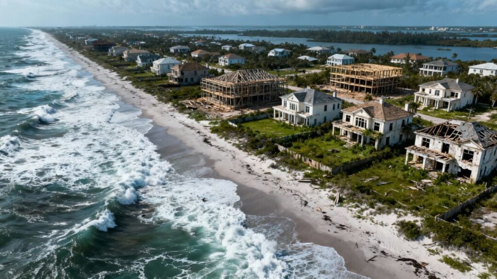 Florida coastline with luxury homes, some appearing abandoned.
