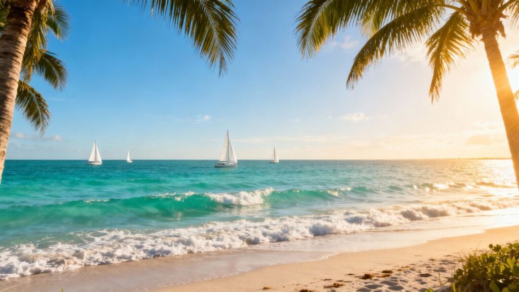 Marco Island beach with palm trees and ocean.