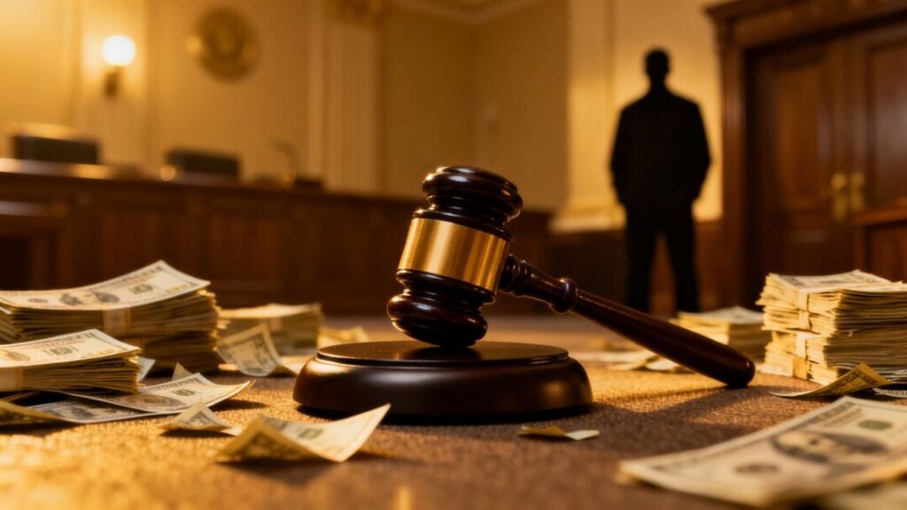 Gavel, money, and courthouse symbolizing legal investigation.