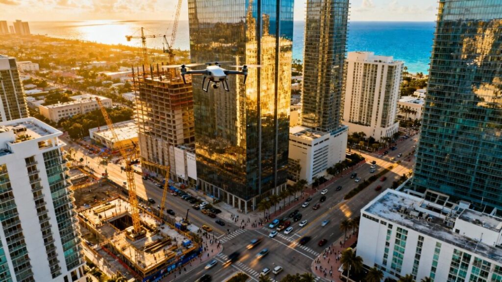 Miami commercial buildings and construction sites from above.