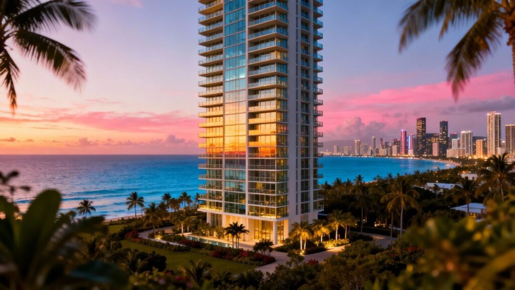Luxury condo tower overlooking ocean and city skyline.