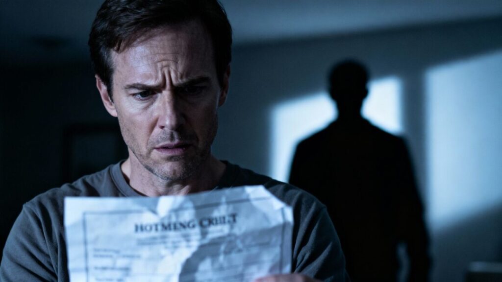 Homeowner worried about property fraud, shadowy figure in background.