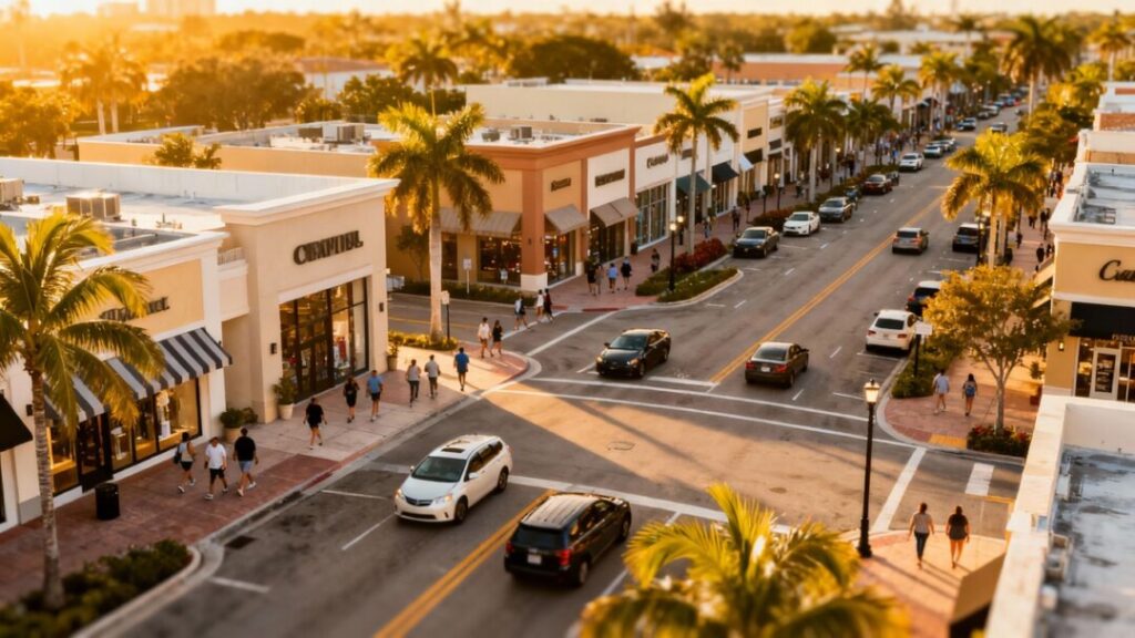 Broward County retail district with storefronts and shoppers.